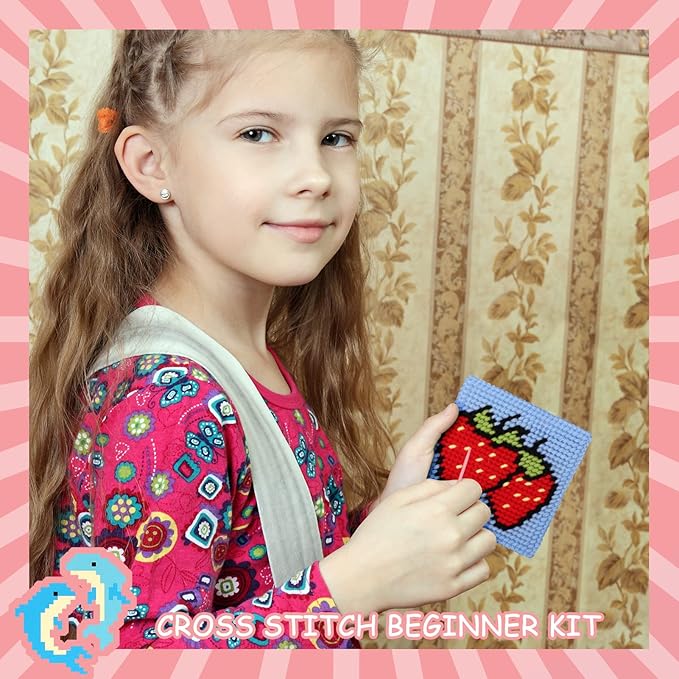 Pllieay Kids 10-in-1 Cross Stitch Beginner Kit for Kids, Includes Instruction of 10 Different Patterns, 10 Blank Plastic Canvas for Needlework, and 14 Colored Threads, Needlepoint Starter Sewing Set