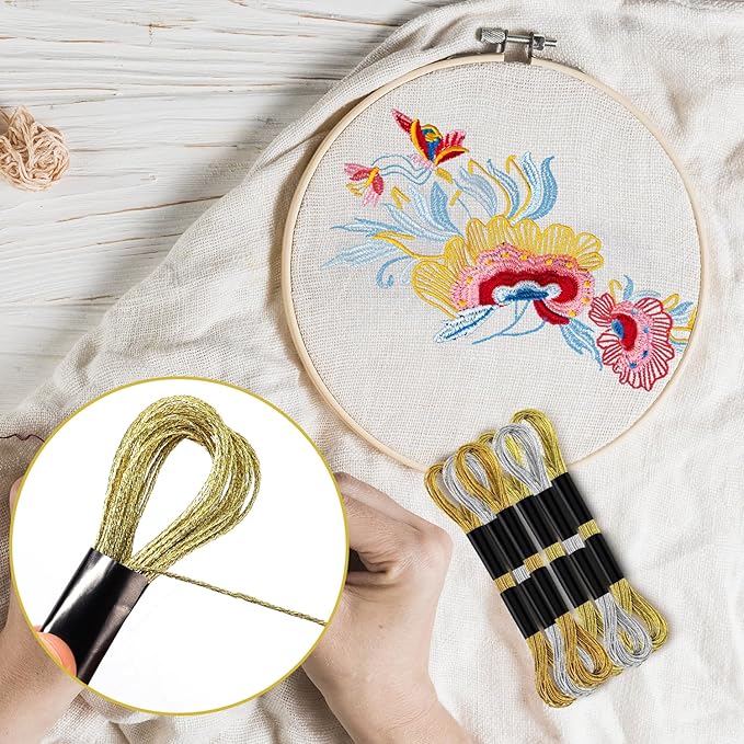 6 Skeins Embroidery Threads, Metallic Embroidery Floss Friendship Bracelet Cross Stitch Thread for Sewing Making Yarn Accessories Craft String Art Supplies (Gold+Light Gold+Silver)