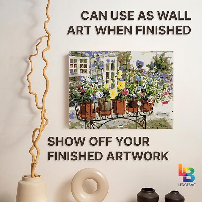 Ledgebay DIY Paint by Numbers Kit for Adults Framed Canvas Beginner to Advanced Paint by Numbers Kit, Kits Include Acrylic Paint Set, Brushes & Tabletop Easel (Ritas Pansies 12" x 16" Framed)