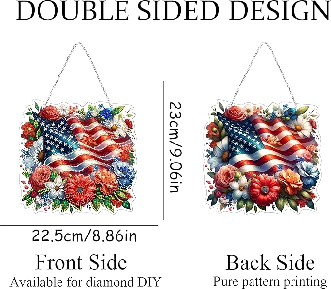 Diamond Art Hanging Kit for Adult,4Th of July Special Shaped Rhinestone,Double Sided DIY Acrylic Diamond Art Painting Window Pendants Home Garden Wall Hanging Kits Hanging Ornament (American Flag)