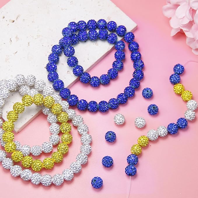 200 Pcs 10mm Rhinestone Beads for Jewelry Making, Blue Yellow White Shiny Round Shamballa Disco Baseball Necklace Beads Sparkle Crystal Clay Pave Rhinestones Bead for Bracelet Earring Keychain Making