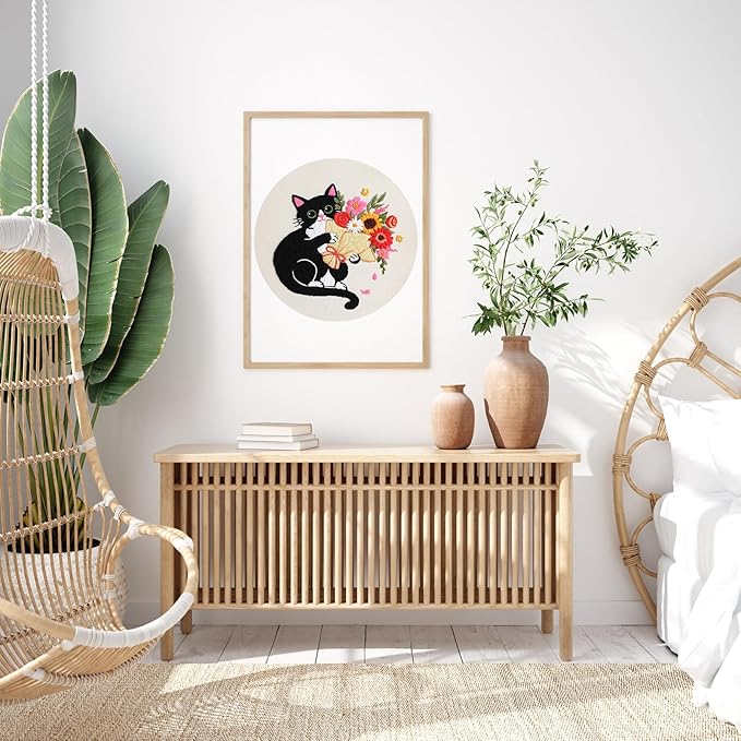 Nuberlic Black Cat Flowers Embroidery Kits for Beginners, DIY Cross Stitch Starter Craft Kits for Adults Including Cloth with Pattern, Hoop, Needles Instruction and Threads