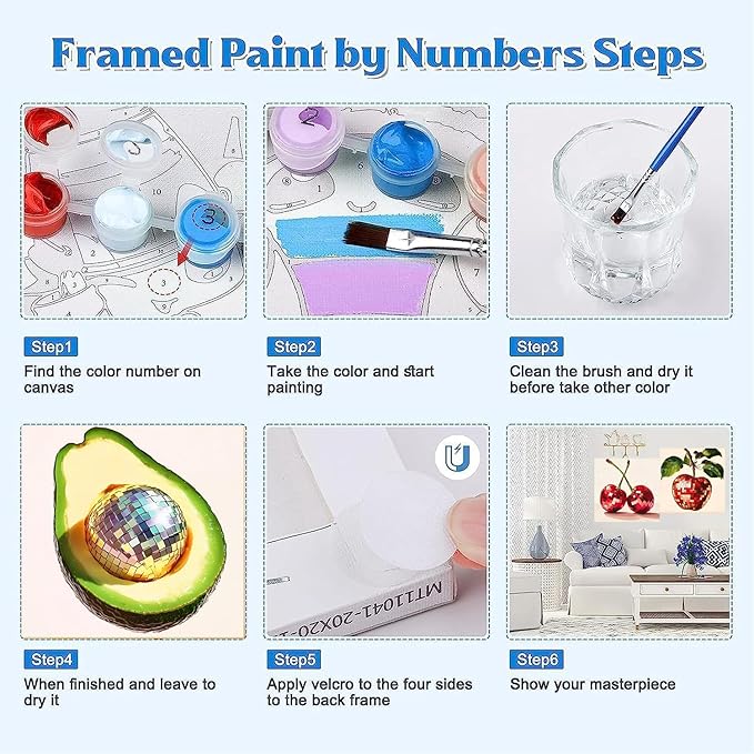 Canrichshop 4 Pack Disco Ball DIY Paint by Number Beginners,Fruit Oil Painting Adults' Paint-by-Number Kits,Acrylic Paint Kit with Frame for All Ages,Easy Paint by Numbers Kids on Canvas 8x8inch