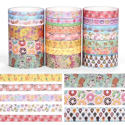 Naler Washi Tape Set,18 Rolls Cute Decorative Tape, Flora Animals Fruits Adhensive Tape, Writable Tape for Bullet Journal Supplies, Gift Wrapping, Scrapbook Supplies