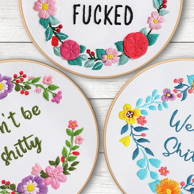 Louise Maelys 3 Sets Funny Embroidery Kits for Beginners,Cross Stitch Kit for Adults,DIY Starters Needlepoint with Flower Wreath Pattern,Including Instruction and Threads