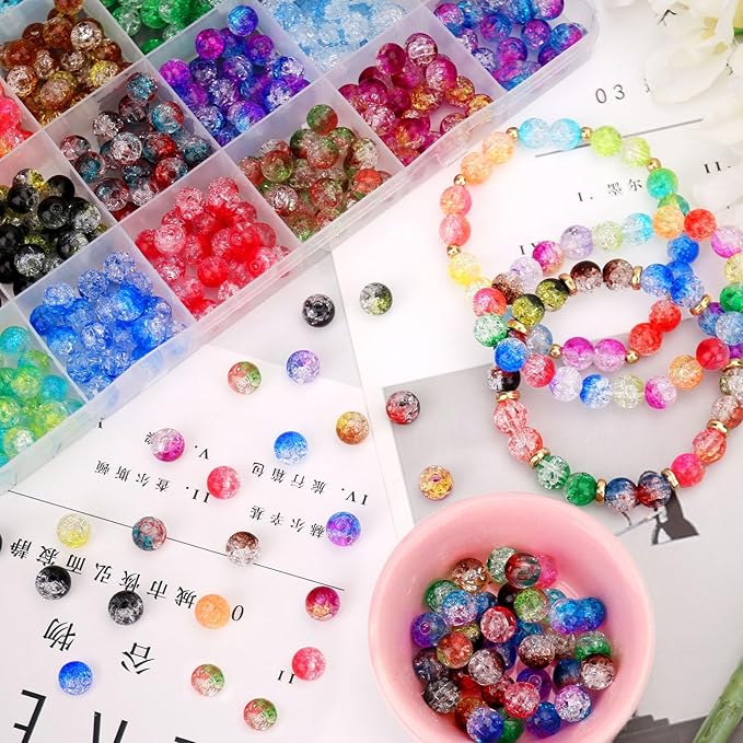 BONNY BOXX 600PCs 8MM Multicolor Acrylic Crackle Beads Set for Jewelry Making Crystal Crackle Lampwork Acrylic Round Beads for Bracelet Necklace Earring Accessories