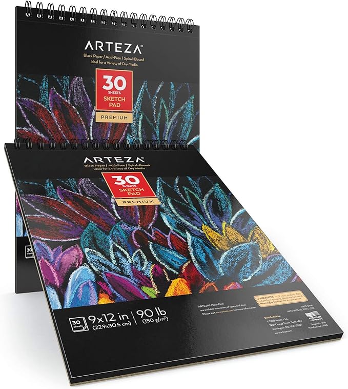 ARTEZA Spiral Sketch Book 9x12 Black Art Paper Drawing Pad 2 Pack 30 Sheets Sketch Pads for Drawing