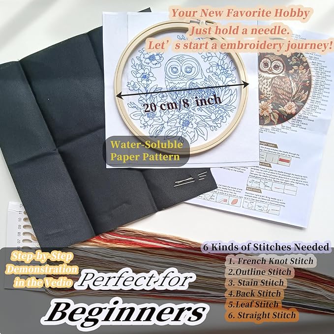 FONNUY Embroidery Kit for Beginners, Owl Flowers Pre-Stamped Pattern Kits for Adults with Hoop, Easy to Follow Color Thread Needlework, 8'' Hoop (Black)