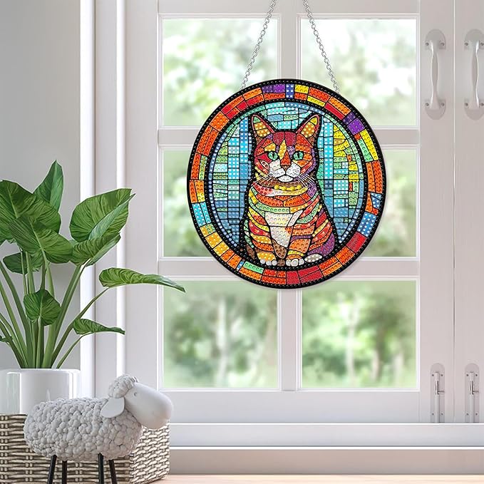SKRYUIE Cat Hanging Diamond Art Kits for Adults Pendant Suncatcher, Special Shaped Crystal DIY Pearl Diamond Painting Kit, Gift for Mother Spring Summer Window Wreath Decor 7.87 x 7.44 Inch A14