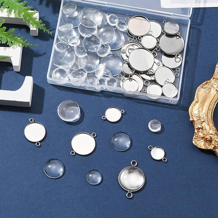 Stainless Steel Blank Dome Links Pendant Tray Connectors with Double Loops for Earrings Bracelets Necklaces Keychains DIY Craft Golden Glass Cabochon Jewelry Making Kit