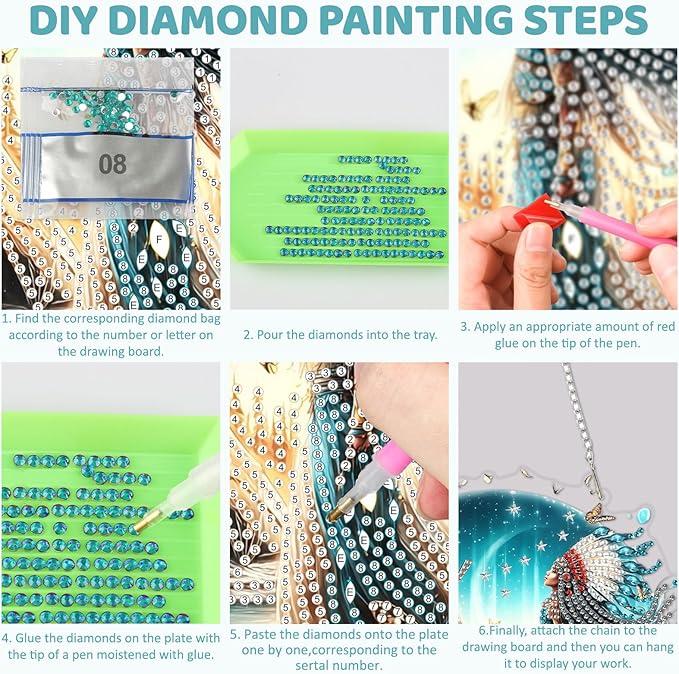 MEIYUDA Native American Diamond Art Hanging Kits for Adult, Landscape Wolf Diamond Painting Hanging Kits Ornaments, DIY Special Shaped Rhinestone Window Pendants Kit for Home Garden Wall Decor Gift