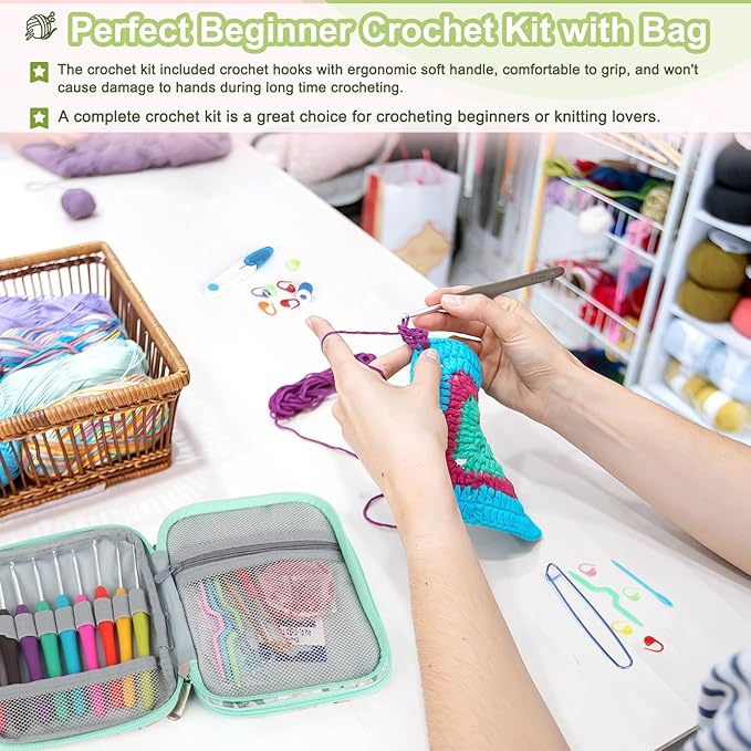 Katech 85 pcs Crochet Hooks Kit Knitting Accessories with Crochet Case, Small Sizes Crochet Hooks for Knitting Lace Yarn, Colorful Ergonomic Crochet Needles Set for Making Sweater, Bag and Hat (Green)