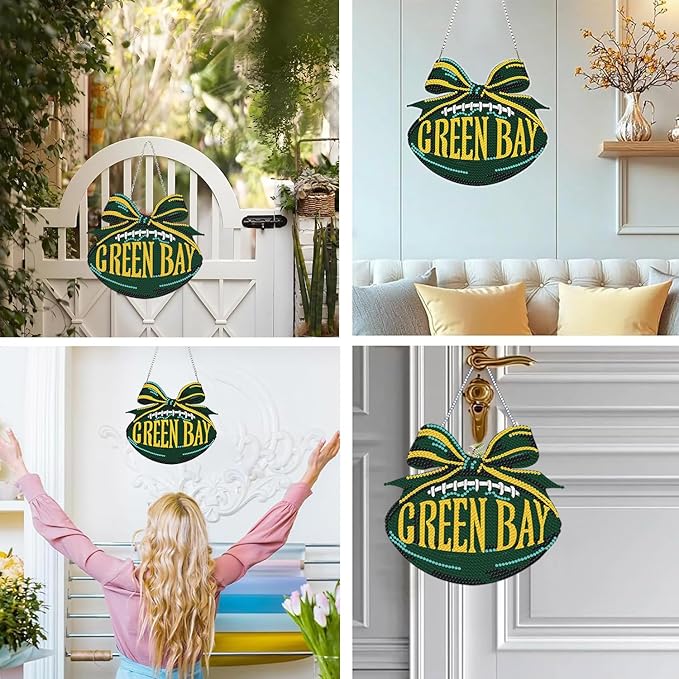 Rertcioph Football Diamond Art Hanging Kit for Adults, DIY Acrylic 5D Diamond Painting Hanging Ornament for Green Bay Home Wall Decor and Gift