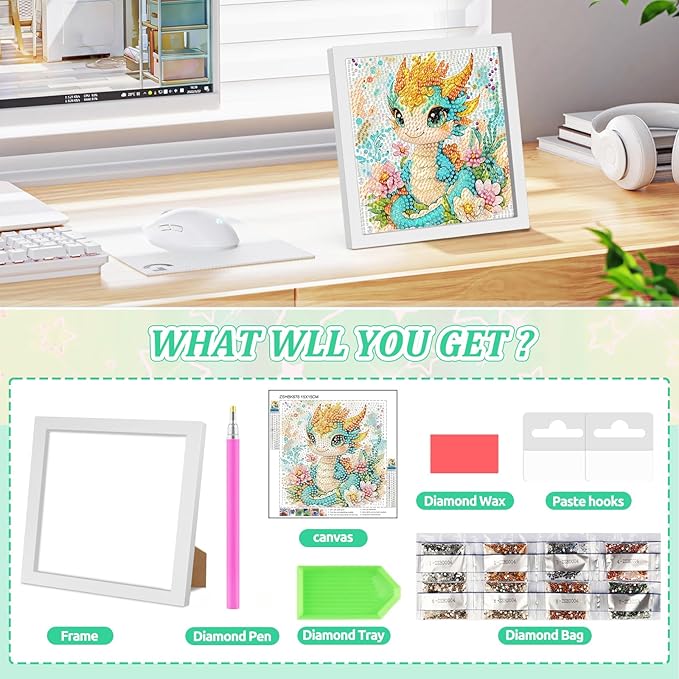 SENQAO Dragon Diamond Art Kit for Adults with Frame Art and Crafts for Adults Ages 6-8 -10-12 Easy to DIY Diamond Art for Adults and Adult Beginners Home Wall Decoration 7.1x7.1inch