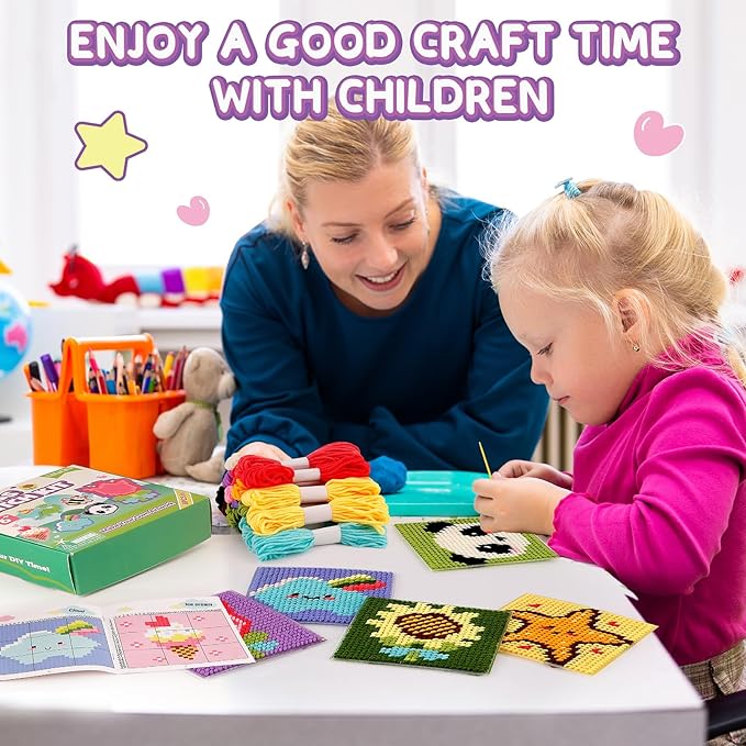 Caydo 8-in-1 Cross Stitch Kit for Beginners Kids, Includes 8 PCS Plastic Canvas with Pre-Patterns, 13 Colors Threads, Instructions, Embroidery Needles for Sewing and Coaster Needlepoint