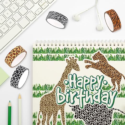 Whaline 8 Rolls Animal Prints Washi Tape Safari Decorative Masking Tape Set Leopard Zebra Tiger Giraffe Greenery Wrapping Paper Tape for Scrapbook Journal DIY Art Crafts