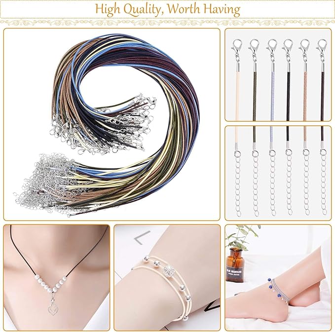 Necklace Cord, Selizo 100pcs Necklace String, Waxed Cotton Necklace Cord with Clasp Bulk for Jewelry Bracelet Making, Beads, Pendants, Charms