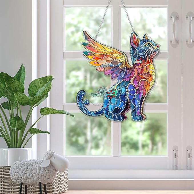 SKRYUIE Cat Hanging Diamond Art Kits for Adults Pendant Suncatcher, Special Shaped Crystal DIY Pearl Diamond Painting Kit, Gift for Mother Spring Summer Window Wreath Decor 7.8 x 6.86 Inch A28