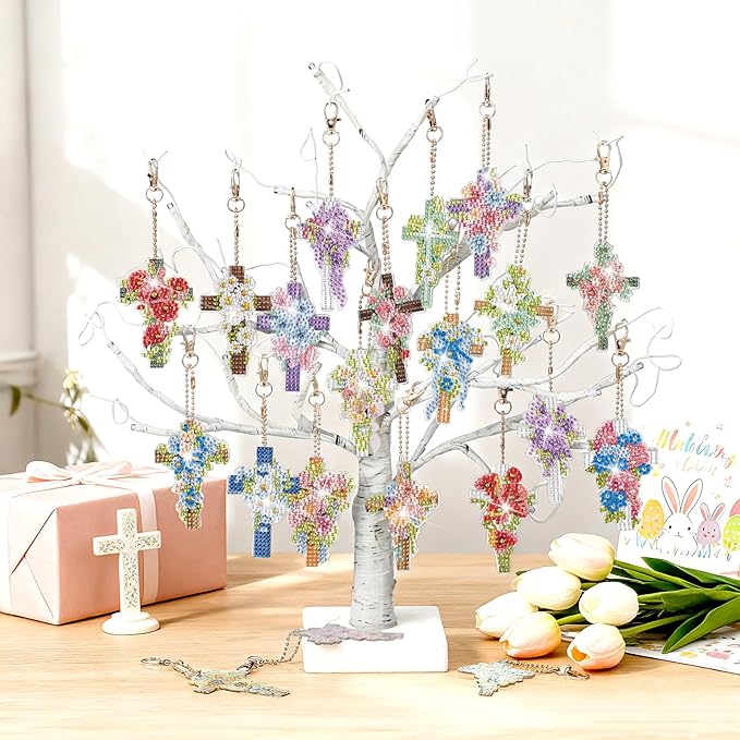 Huquary 30 Pcs Easter Diamond Art Keychains Cross Flower Diamond Painting Keychain Kits for Aldults Double Sided 5d Rhinestones Christian Hanging Key Chains for Beginners DIY Crafts Spring Party Gift