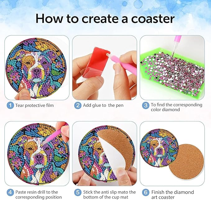 igoodom 8 Pcs Dog Diamond Art Coasters Kit with Holder, DIY Stained Glass Style Dog Diamond Painting Coasters for Beginners Adults, Non Slip Diamond Art Kits Craft Supplies 4x4in