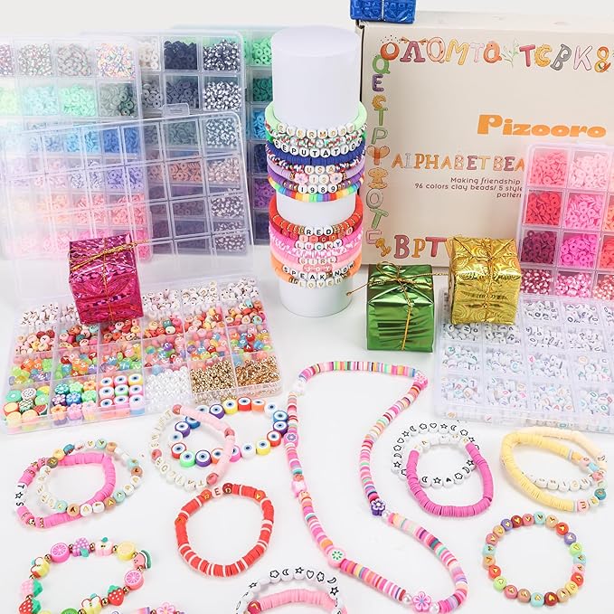 Pizooro Friendship Bracelet Kit with 96 Colors,13440 Clay Beads,1470 Letter Beads for Jewelry Making - 5 Styles of Round Alphabet, Number& Pattern Beads with 4 Elastic Strings, Crafts Gift for Teens