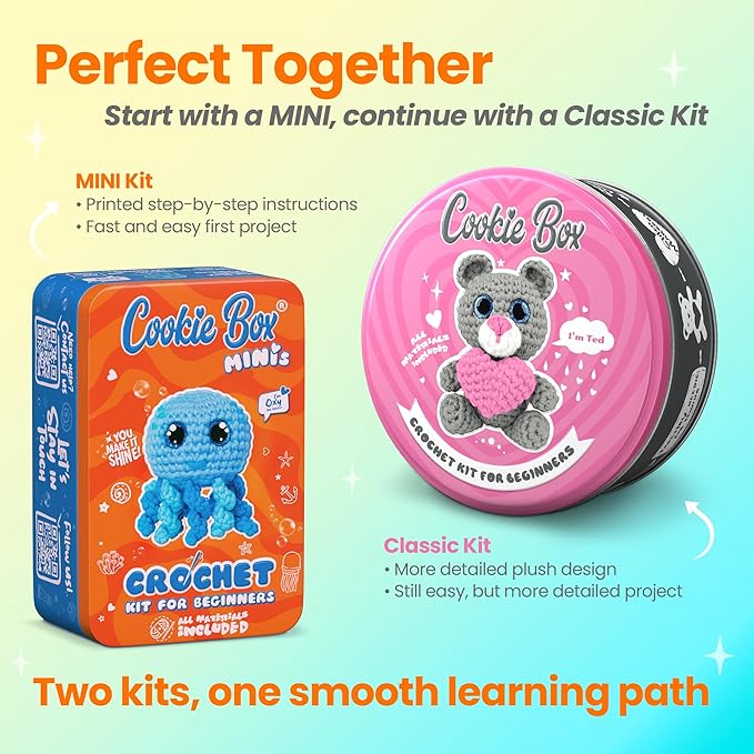 Cookie Box MINIs Crochet Kit for Beginners β Gift Set to Make Jellyfish Oxy Amigurumi Plushie β Easy DIY Crochet & Knitting Starter Kit with Printed Instructions & Step-by-Step Video Tutorial