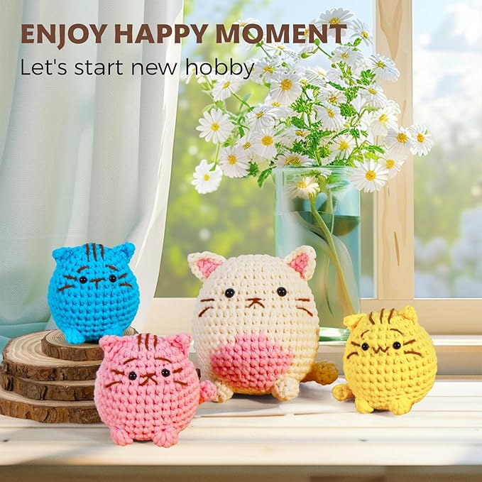 Crochet Kit for Beginners - Learn to Crochet 4 Adorable Cat Amigurumi with Step-by-Step Video Tutorial and Easy Peasy Yarn, Complete Starter Kit for Adults Kids, DIY Craft Gift for Birthday Christmas