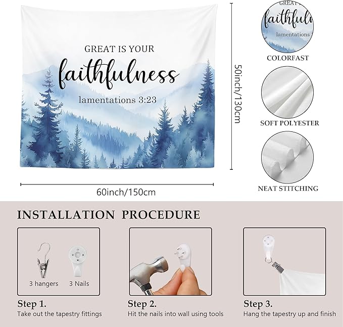 MNASAIOO Christian Mountian Woods Wall Tapestry Hanging for Bedroom, Bible Verse Scripture Great Is Your Faithfulness Tapestries,Blue Watercolor Wall Decor Banner for Living Prayer Room Church 50x60in