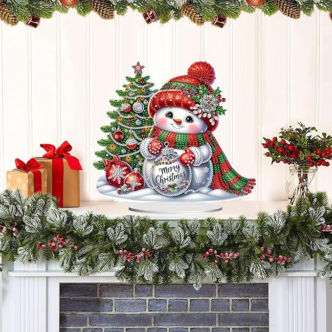 Christmas DIY Diamond Desktop Ornament, Double Sided Special Shaped Diamonds Art Kits, 5D Tabletop Ornaments for Adult Beginner Home Office Decor Crafts Gift (Snowman 02)