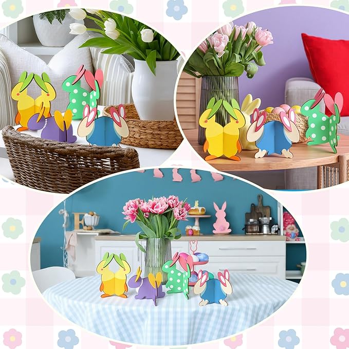 Blosssound 48 Pcs Easter Craft Set 36 Pcs 3D Wooden Bunny Cutouts Wood Unfinished Rabbit Slices to Paint with 12 Colored Markers for Easter Spring Crafts DIY Handmade Table Tiered Tray Decor