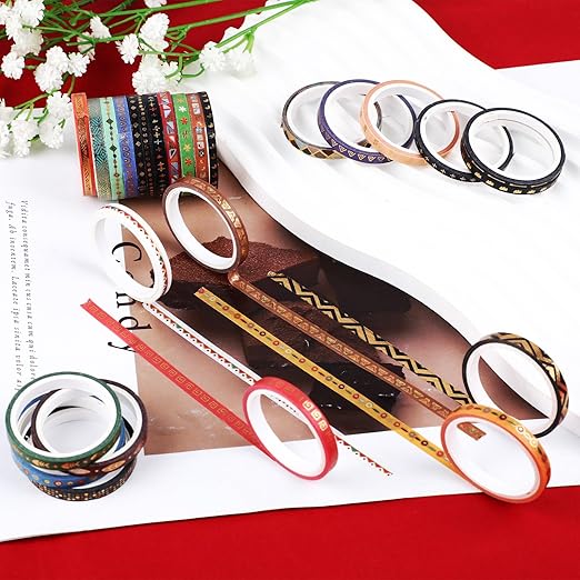 26 Rolls Skinny Washi Tape Set Gold Foil Decorative Tapes for DIY Art Craft Scrapbook Bullet Journals Planners Party Decor Gifts Wrapping, Slim 3mm/5mm