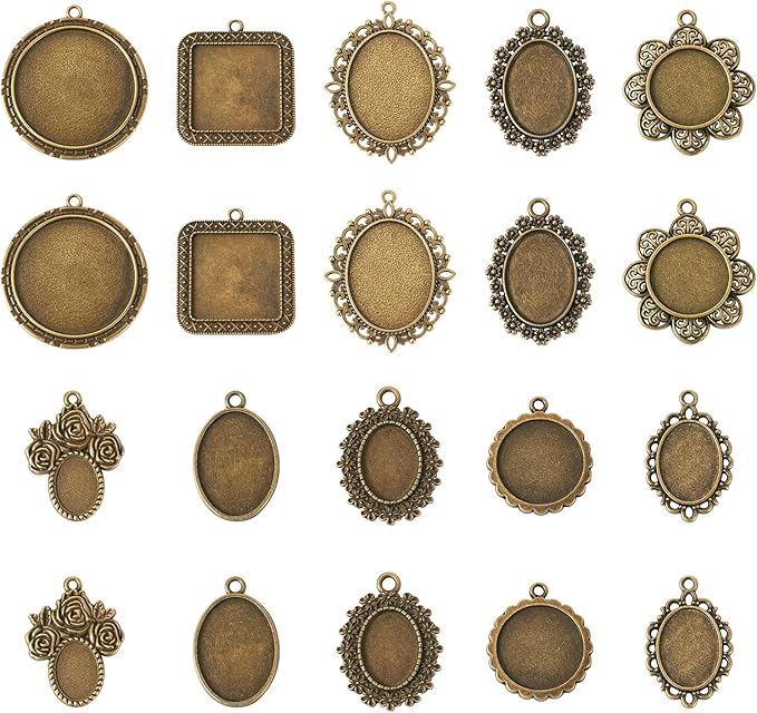 20Pcs Bezel Pendant Trays 10 Styles Vintage Cabochon Bezel Settings Trays Charms Tibetan Style Oval Trays Pendant Blanks for DIY Crafts Photo Necklace Jewelry Making