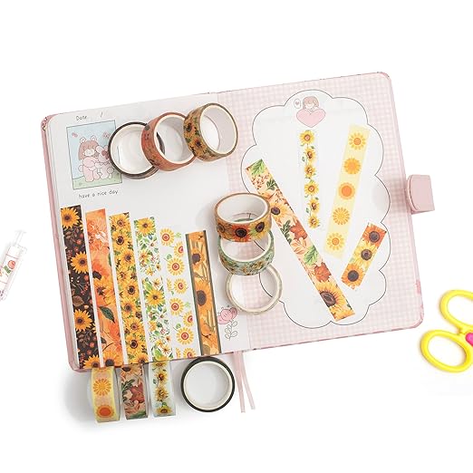 YUBX Sunflower Washi Tape Set 10 Rolls Floral Print Decorative Sun Flowers Masking Tapes for Arts, DIY Crafts, Journals, Planners, Scrapbook, Wrapping