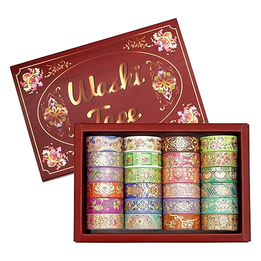 24 Rolls Washi Tape Set, Gold Foil Floral Decorative Tape for Scrapbooking, Bullet Journaling, Planner, DIY Crafts, Christmas - Floral Feast