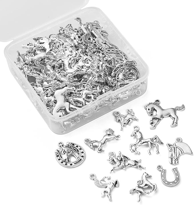 DanLingJewelry 100Pcs 10 Styles Antique Silver Horse & Horseshoe Animal Charms for DIY Jewelry Making