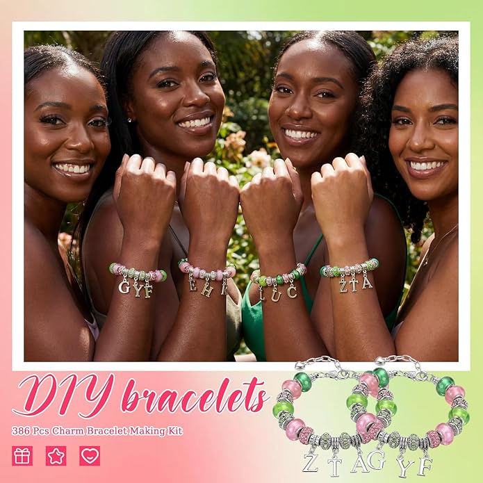 Batiyeer 237 Pcs Sorority Gifts for Women, DIY Sister Pink and Green Bracelets Making Kit, Paraphernalia Sorority Gifts for Women Sister Lady Greek Crystal Charm Sparkling Dress Accessory