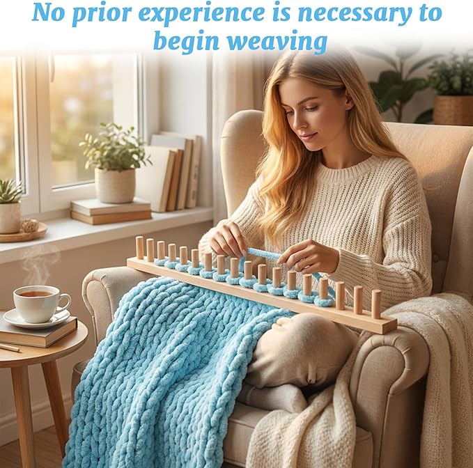 cenoz 61" Beechwood Chunky Knitting Blanket Loom Kit - Adjustable Size Hand Knitting Loom for DIY Throw Chunky Yarn Blankets Scarves Rugs, No Needles Required, Blanket Loom Gift for Beginners Starter