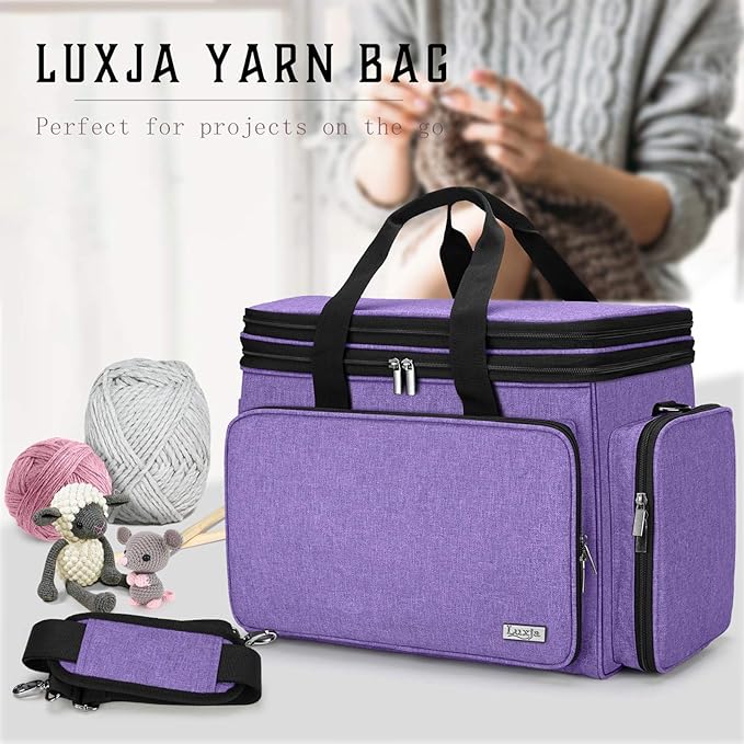 LUXJA Knitting Bag, Yarn Bag with Cover and Shoulder Strap, Yarn Tote Bag for Carrying Projects, Knitting Needles (up to 14”), Circular Needles, Crochet Hooks and Other Accessories, Purple