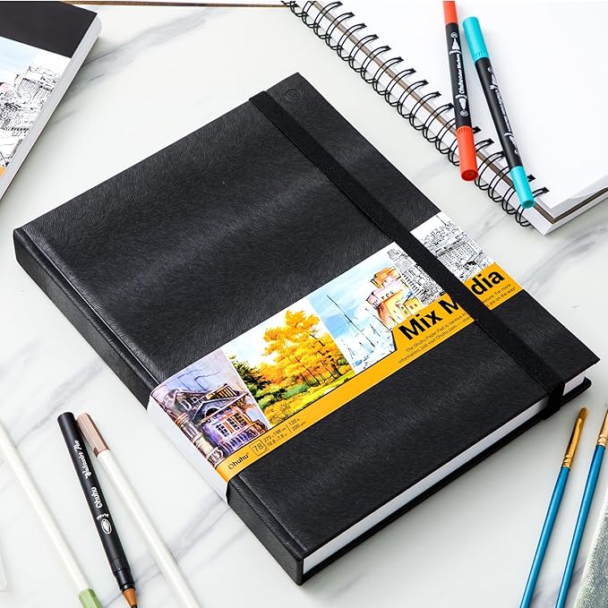 Ohuhu Mix Media Pad - 10.8" x 7.8" Mixed Media Art Sketchbook, 120 llb/200 gsm Heavyweight Papers, 78 Sheets/156 Pages, PU Hardcover Mixed Media Paper Pad for Acrylic Painting Christmas Gift