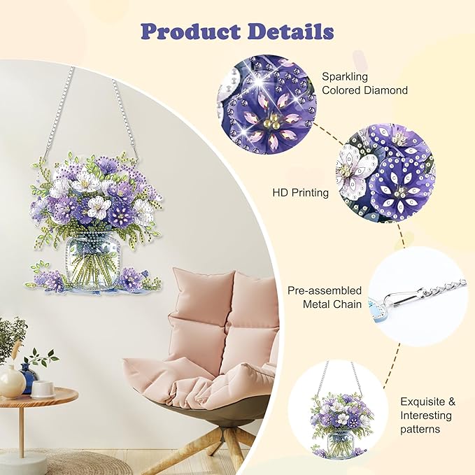 HEIBAGO Diamond Art Hanging Kits for Adults Kids, Hanging Diamond Art Vase, 5D Special Shaped Crystal Diamond Painting Kit Flower, DIY Pattern Window Pendant for Home Wall Decor 8.3x8.3 Inch
