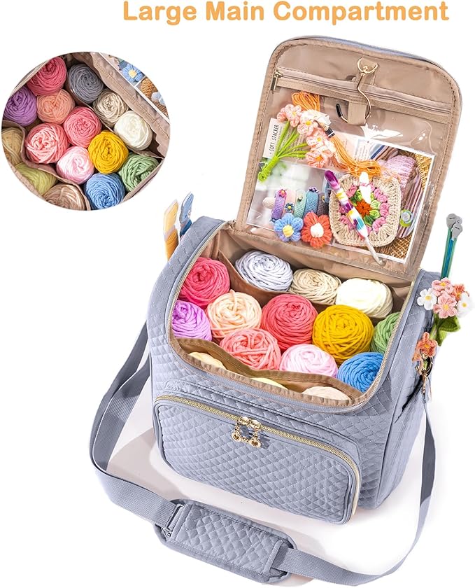 Crochet Bag Organizer, Quilted Storage Bag with Hanging Hook, Yarn Holder for Knitting & Crochet Accessories, Mother's Day Gift