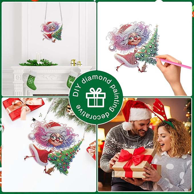 Christmas Diamond Art Pendant Kit, 5D DIY Hanging Diamond Painting for Adults, Santa Claus and Grandma with Christmas Tree, Crystal Ornament for Wall, Window, Door, Home Decor & Gift, 24.1x23.1 cm