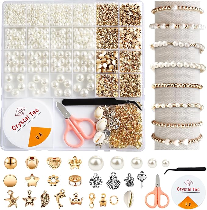 1200Pcs Pearl Beads for Bracelets, Bracelet Making Kit for Adults, Kids Friendship Bracelet Kits, Jewelry Making Kit with String and Charms for Girls Teens DIY Pearls Kit for Bracelet Necklace Earring