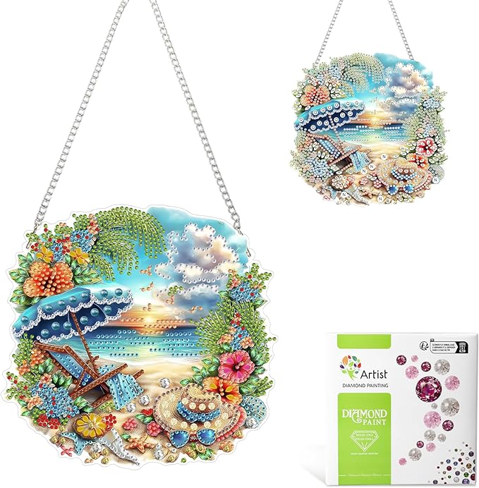 MAXBYE DIY Diamond Art Kits for Adults Hanging Pendant Summer Beach, Painting Diamond Gem Art Hanging Kits for Beginners Gift Window Wall Door Decoration