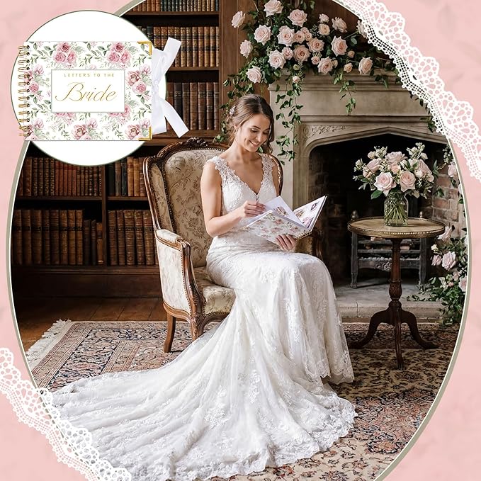 Wedding Guest Book Letters to The Bride Scrapbook Wedding Memory Book Bridal DIY Blank Paper Scrapbook Photo Album Guest Sign with Pearl Stickers(8.5 x 7 Inch,Rose Style,Pink)
