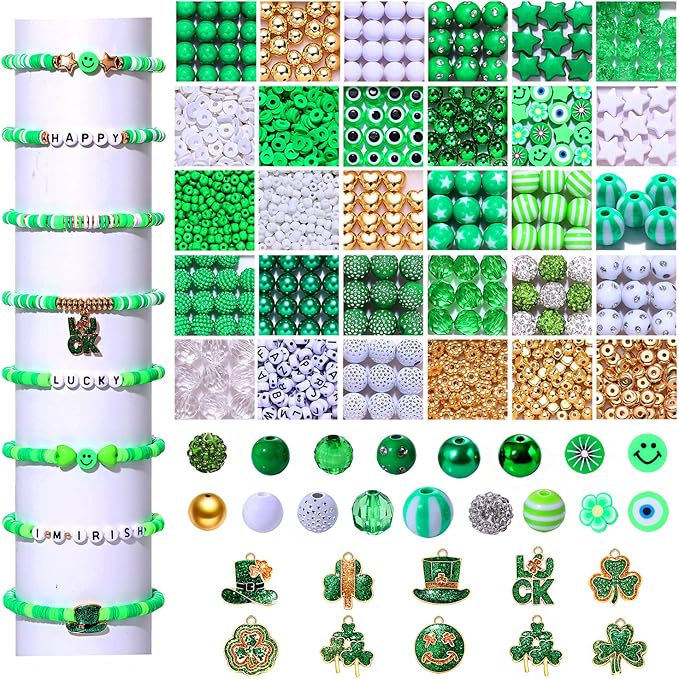 1600PCS+ St.Patrick’s Day Beads for Jewelry Making, Green Polymer Clay Beads Assorted Rhinestone Crystal Acrylic Beads Spacer Beads Shamrock Charms for Bracelet Necklace Making DIY Crafts Gifts