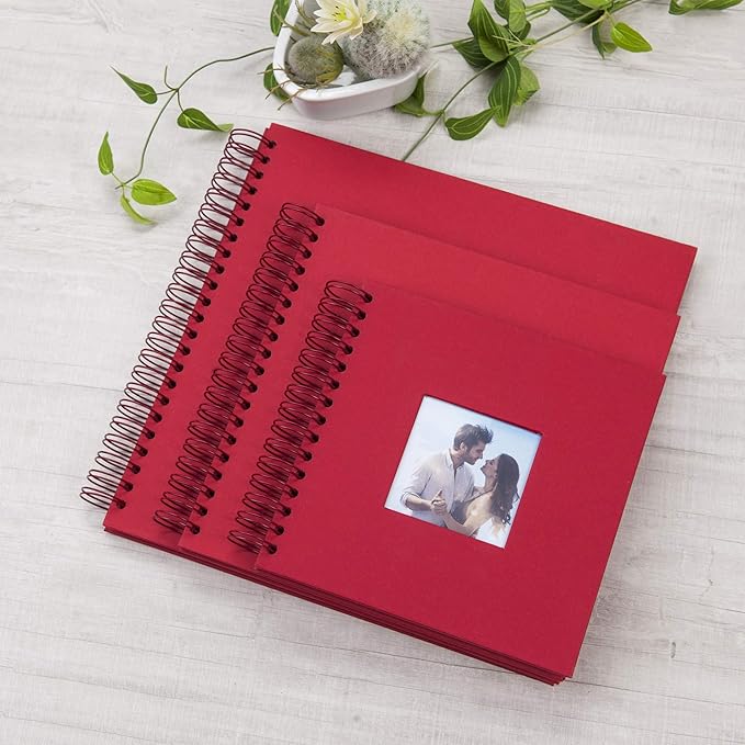 8 x 8 Inch Small DIY Scrapbook Photo Album with Window Design Cover 80 Pages Craft Paper Memory Book for Weeding Family Travel and Baby (Red)