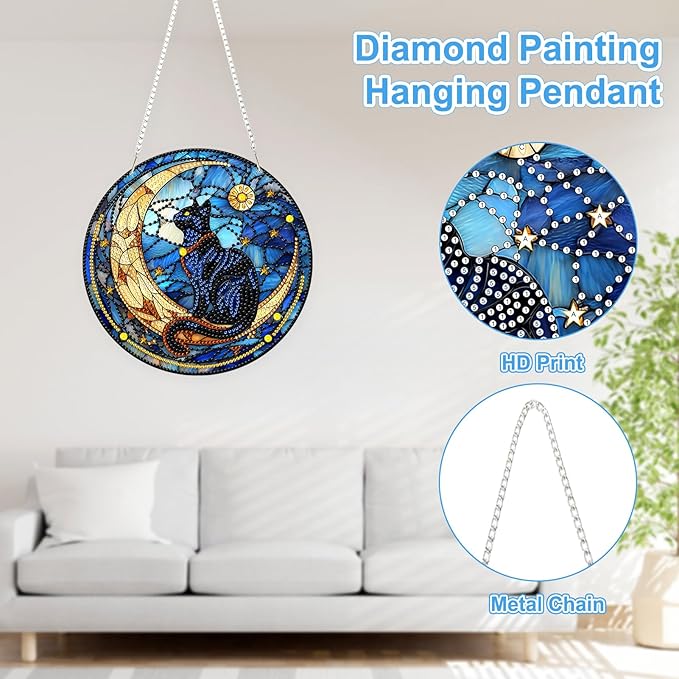 TOSTOG Cat Diamond Art Hanging Kits for Adults, Cat on the Moon Diamond Painting for Adults Window Pendant,Special Shape Diamonds Diamond Painting Hanging Pendant Kit for Wall Home Decor Gift