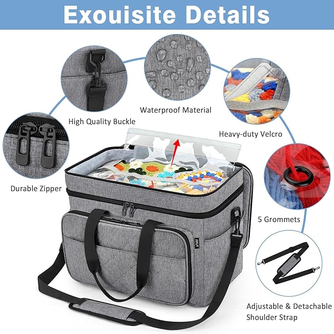 IBFUN 3PCS Crochet Bag with Wrist Yarn Holder, Large Yarn Storage Tote Waterproof Knitting Bag Organizer with Adjustable Strap for Hooks, Needles (Up to 14"), Accessories, Crochet Lovers, Tangle-Free
