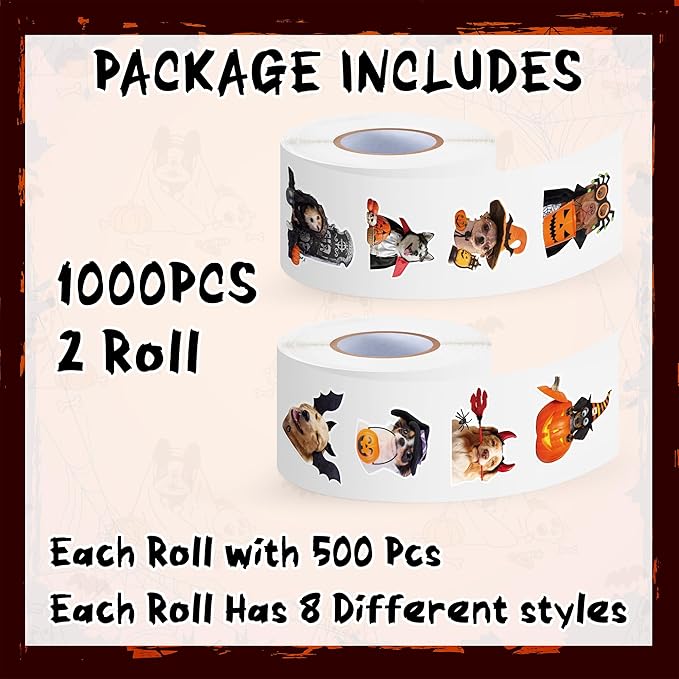 h1vojoxo halloween dog stickers roll - 1000pcs halloween dog dress up stickers in 2 rolls 16 designs pumpkin dogs self-adhesive sticker for kids craft envelope water bottle scrapbook party supplies